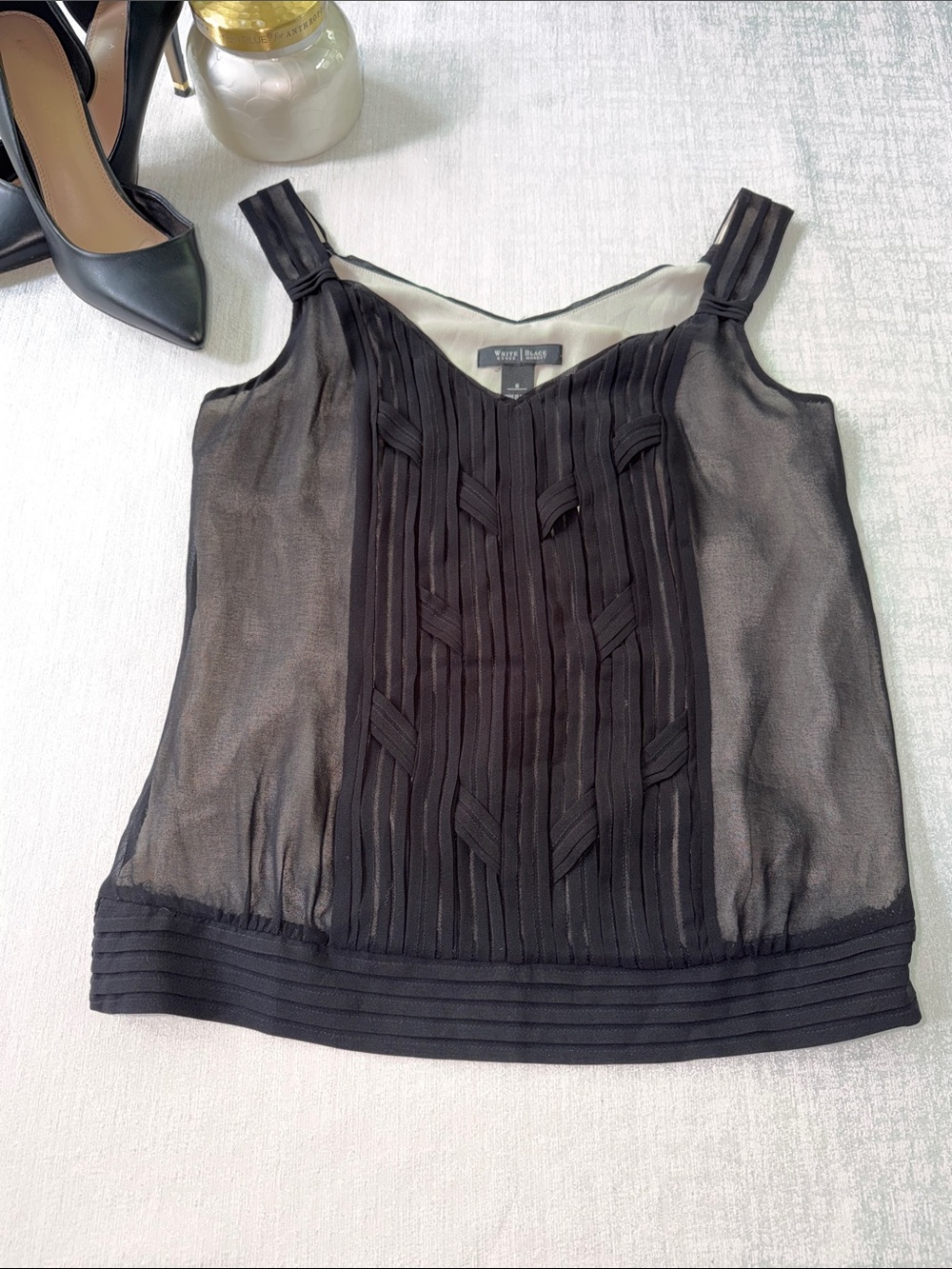 White House Black Market Black Sheer V-Neck Camisole. Size small